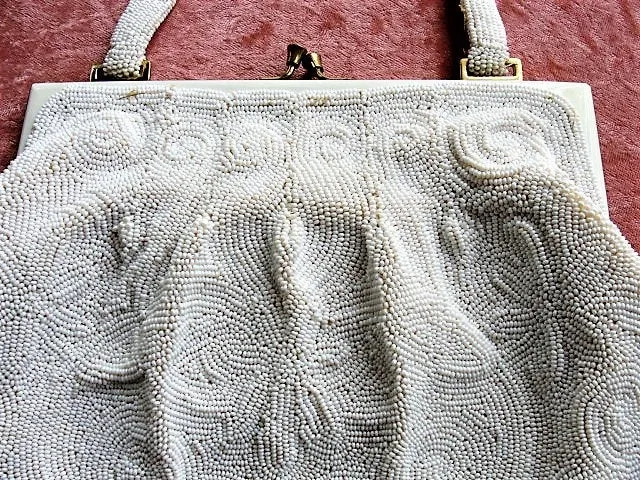 GORGEOUS Vintage Belgium Hand Beaded Large Evening Hand Bag, Special Occasion Purse, White Glass Beads White Enamel Frame, Walborg, Belgium