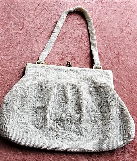 GORGEOUS Vintage Belgium Hand Beaded Large Evening Hand Bag, Special Occasion Purse, White Glass Beads White Enamel Frame, Walborg, Belgium