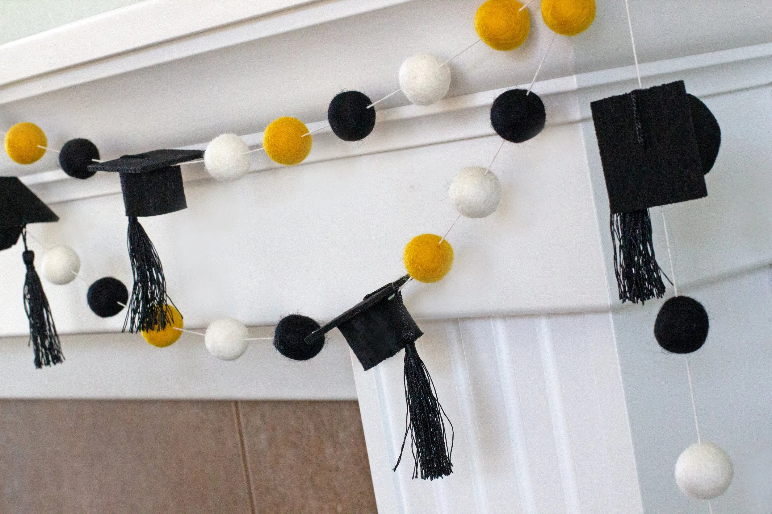 Graduation Cap Felt Garland- Black Gold White with BLACK tassels