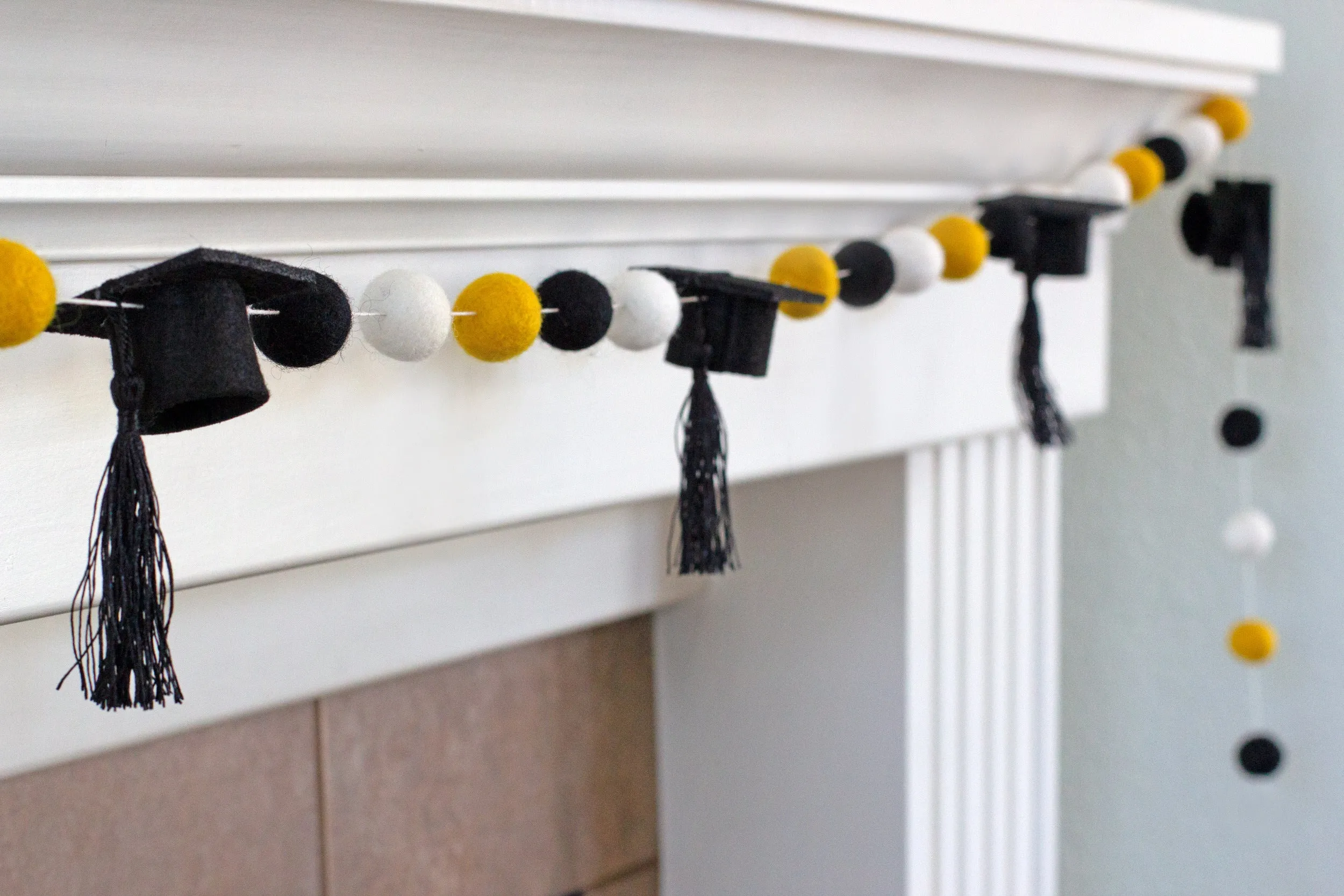 Graduation Cap Felt Garland- Black Gold White with BLACK tassels