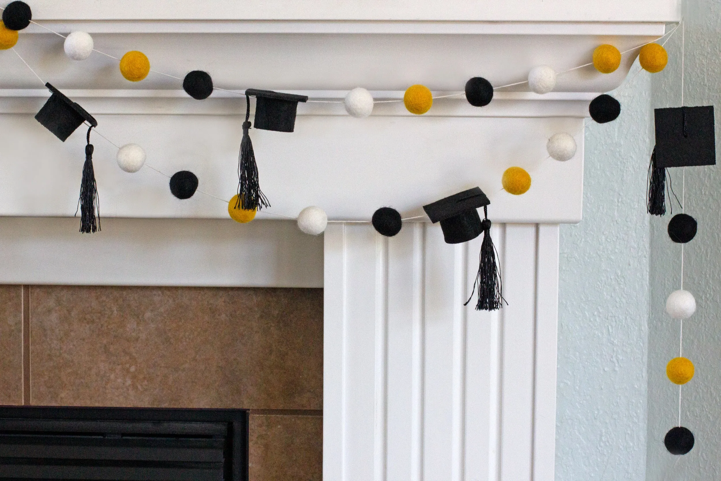 Graduation Cap Felt Garland- Black Gold White with BLACK tassels