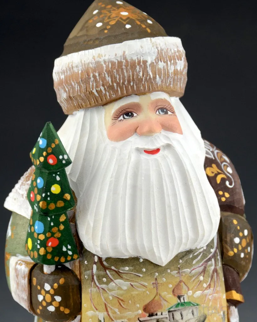 Green and Brown Scenic Russian Santa with Tree and Toy Bag