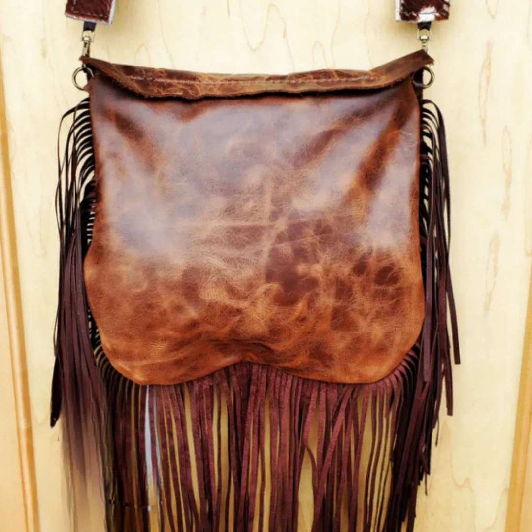 Hair on Hide Deer Axis Print Handbag w/ Flap and Braid Accent