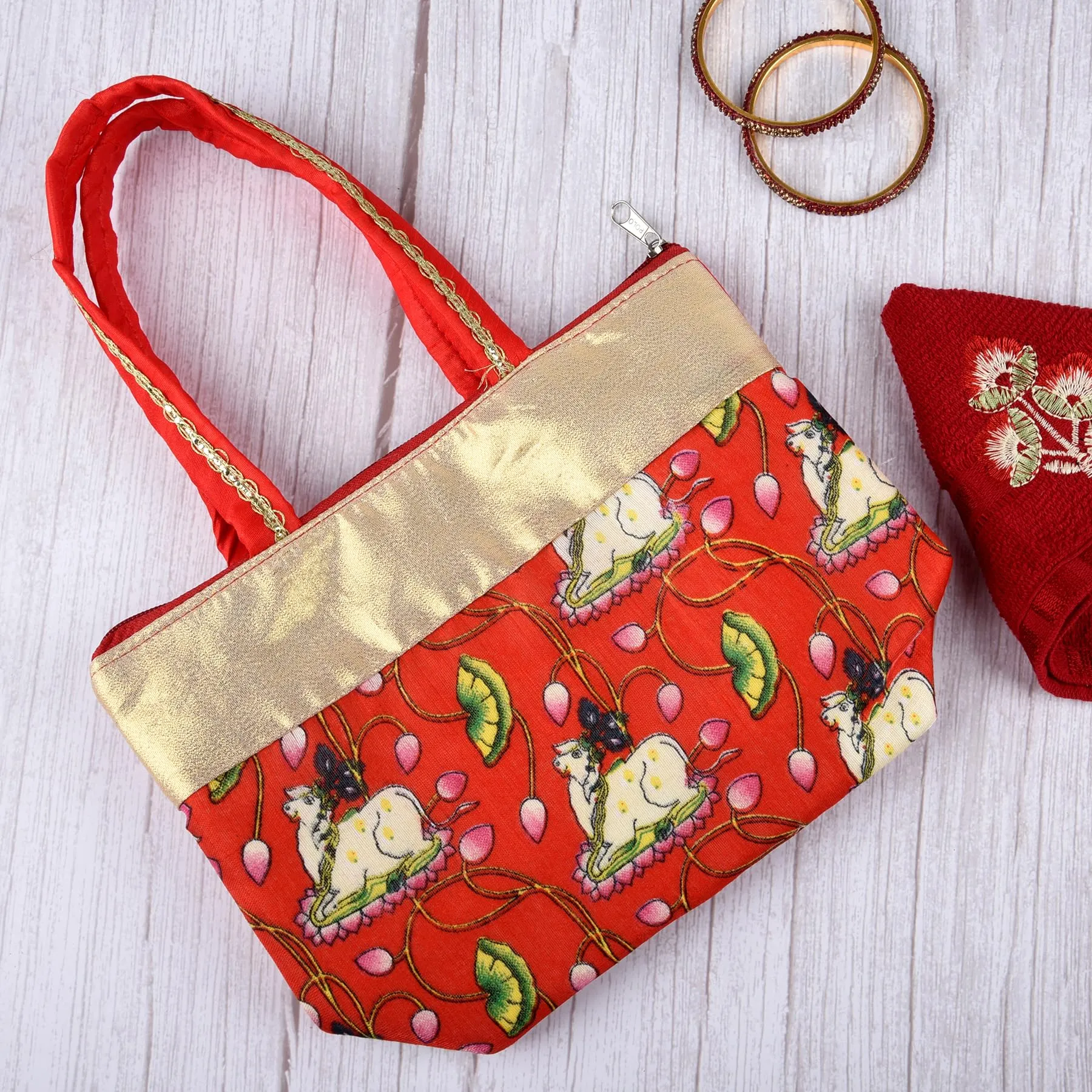 Heart Home Hand Purse|Traditional Mini Hand Bag|Silk Wallet Hand Bag|Shagun Hand Purse|Woman Tote Hand Bag|Gifts Hand Bag|Cow-Small Hand Purse|Pack of 2|Red