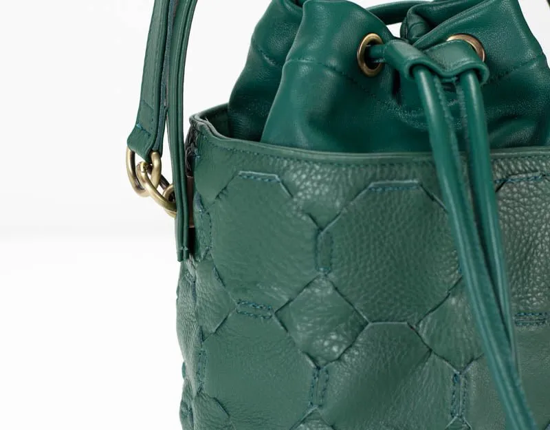 Helon mini bucket bag - Handwoven petrol green leather