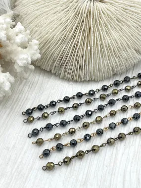 HEMATITE GEMSTONE 1 meter (39") Rosary Style Chain, 6mm Round Faceted beads, Bronze, Gold, or Gunmetal Wire.Chain per meter (39") Fast ship