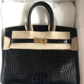 Hermès Birkin 25 Noir (Black) Crocodile Porosus Lisse Gold Hardware GHW