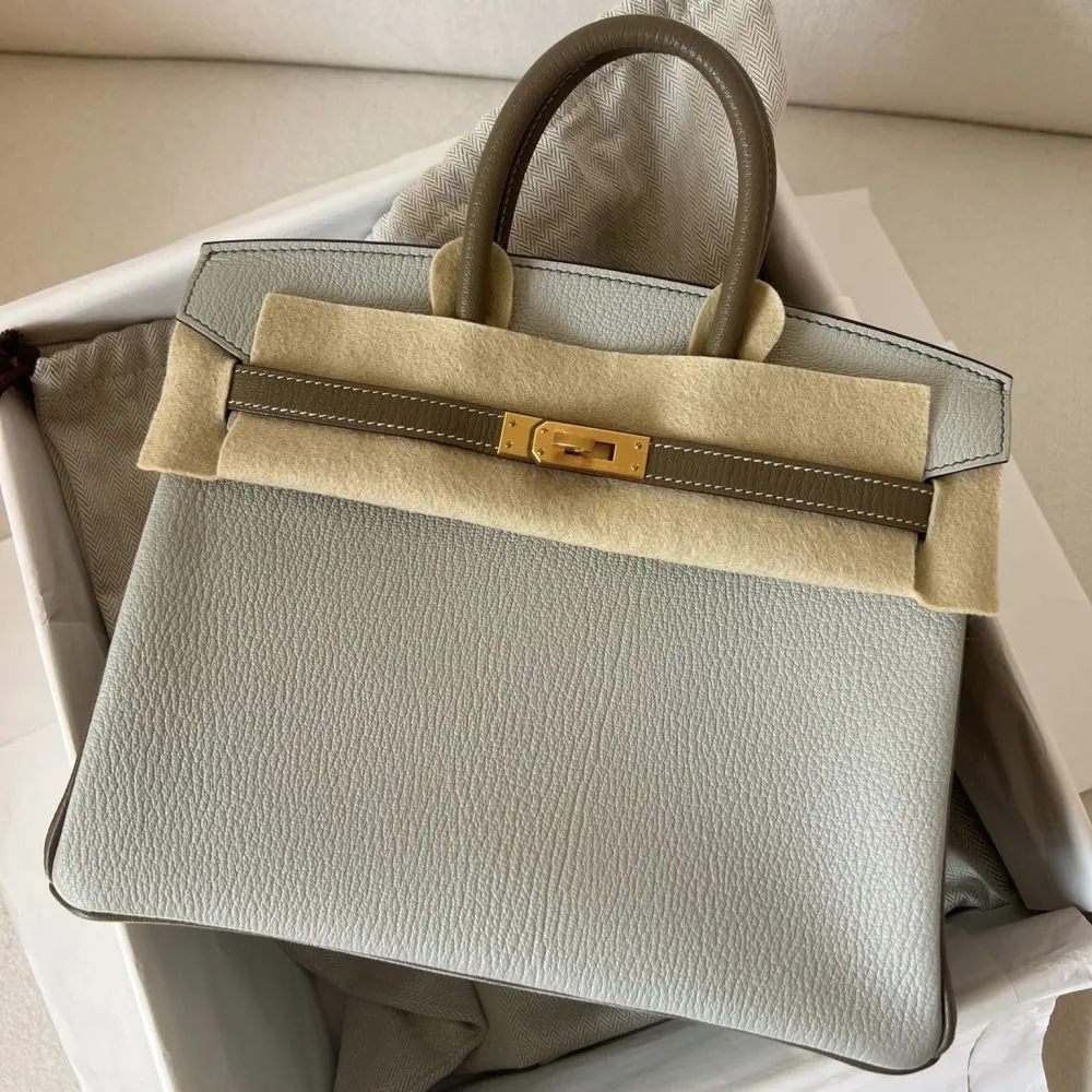 Hermès Birkin HSS 25 Gris Perle/Etoupe Chevre Mysore Brushed Gold Hardware BGHW