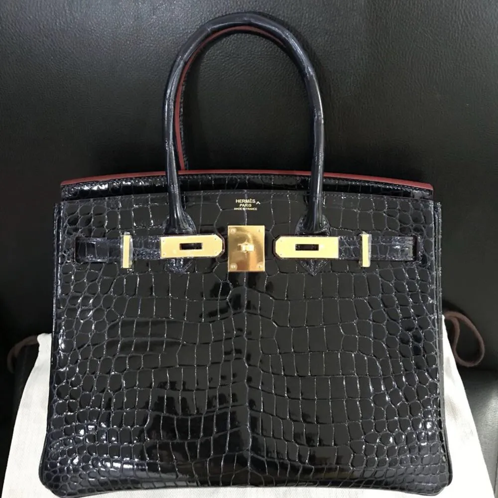 Hermès Birkin Limited Edition 30 Bleu Marine/Rouge H Contour Crocodile Porosus Lisse Gold Hardware GHW