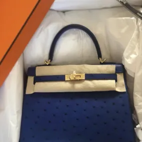 Hermès Kelly 25 Bleu Saphir Sellier Ostrich Gold Hardware GHW