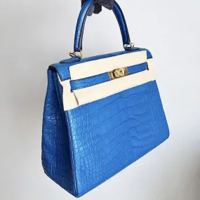 Hermès Kelly 25 Bleu Zellige Alligator Mississippi Matte Gold Hardware GHW