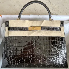 Hermès Kelly 32 Graphite Sellier Crocodile Porosus Lisse Gold Hardware GHW