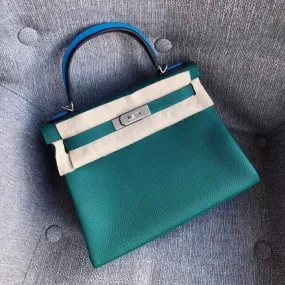 Hermès Kelly Limited Edition 28 Malachite/Noir (Black)/Bleu Zanzibar Au pas Togo Palladium Hardware PHW