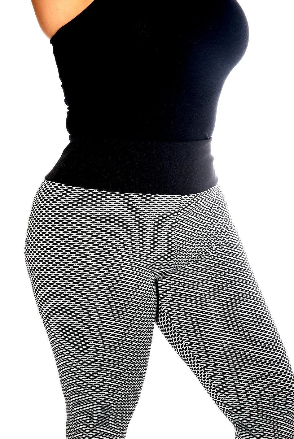 High Waist Two Tone Textured Honeycomb Butt Scrunch Yoga Leggings - Black, White