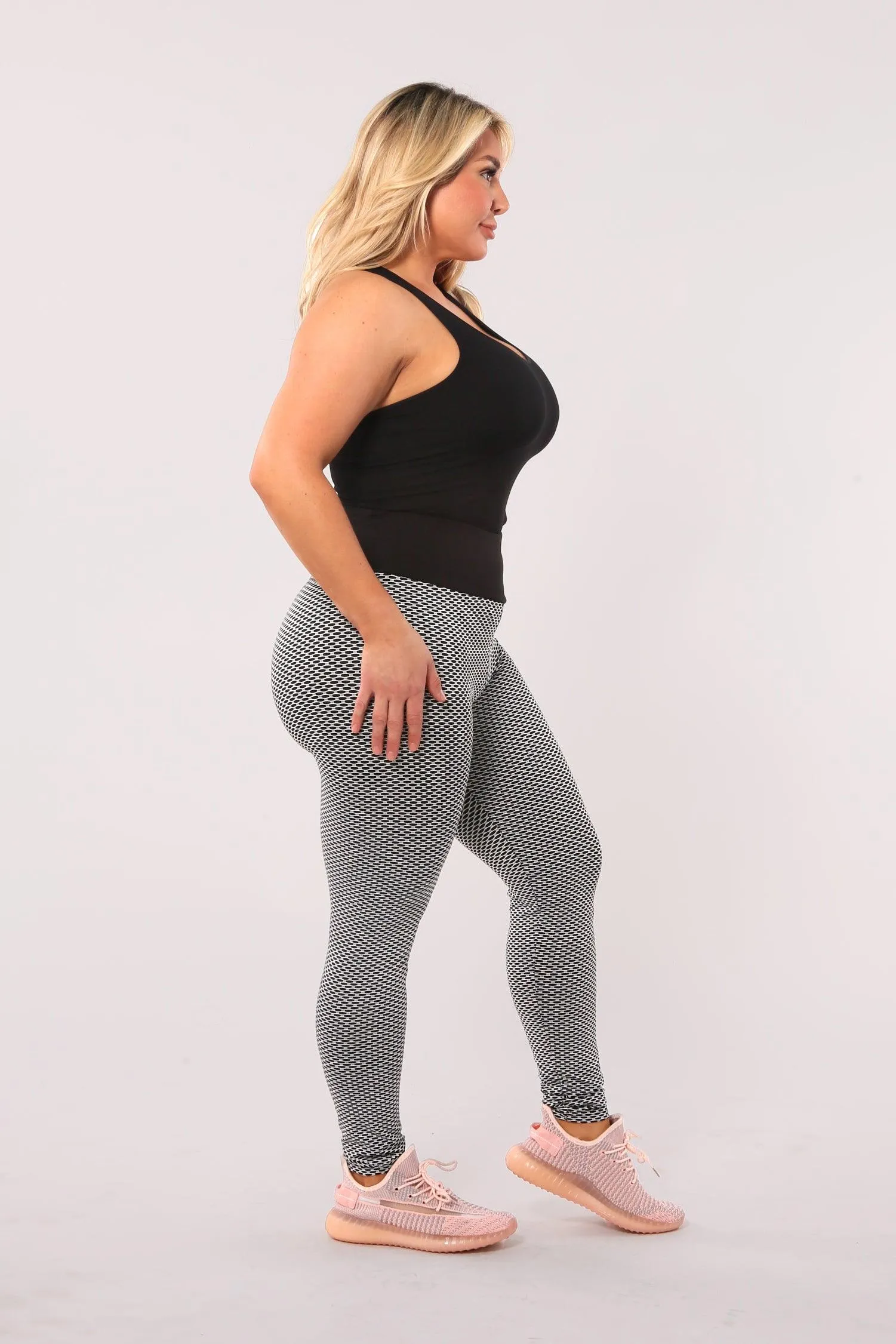 High Waist Two Tone Textured Honeycomb Butt Scrunch Yoga Leggings - Black, White