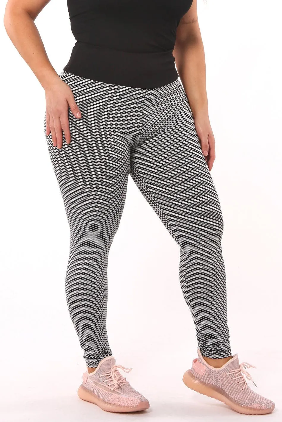 High Waist Two Tone Textured Honeycomb Butt Scrunch Yoga Leggings - Black, White