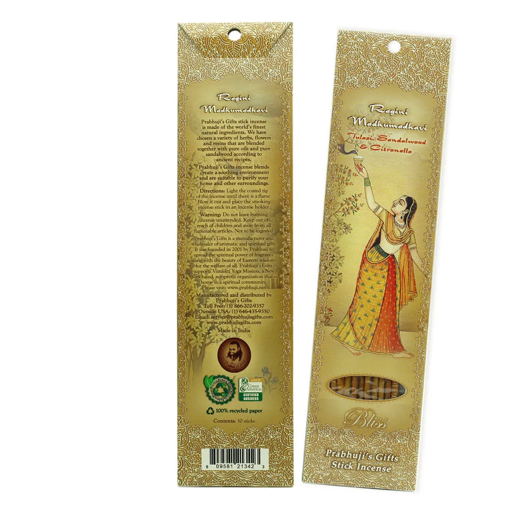 Incense Sticks Ragini Madhumadhavi - Tulasi, Sandalwood, and Citronella - Bliss