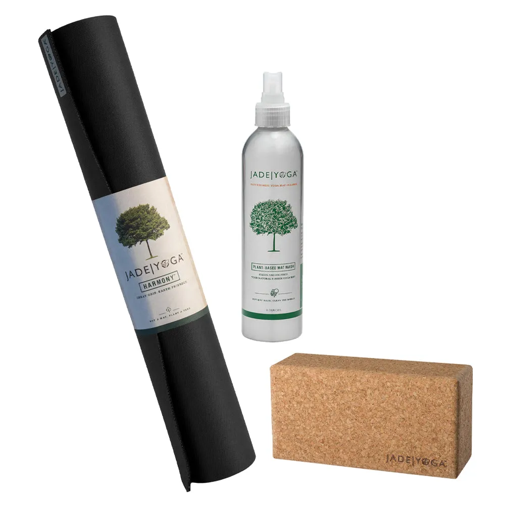 Jade Yoga Harmony Mat- Black & Jade Yoga Cork Yoga Block - Small   Jade Yoga Plant Based Mat Wash - 8 oz Starter Kit