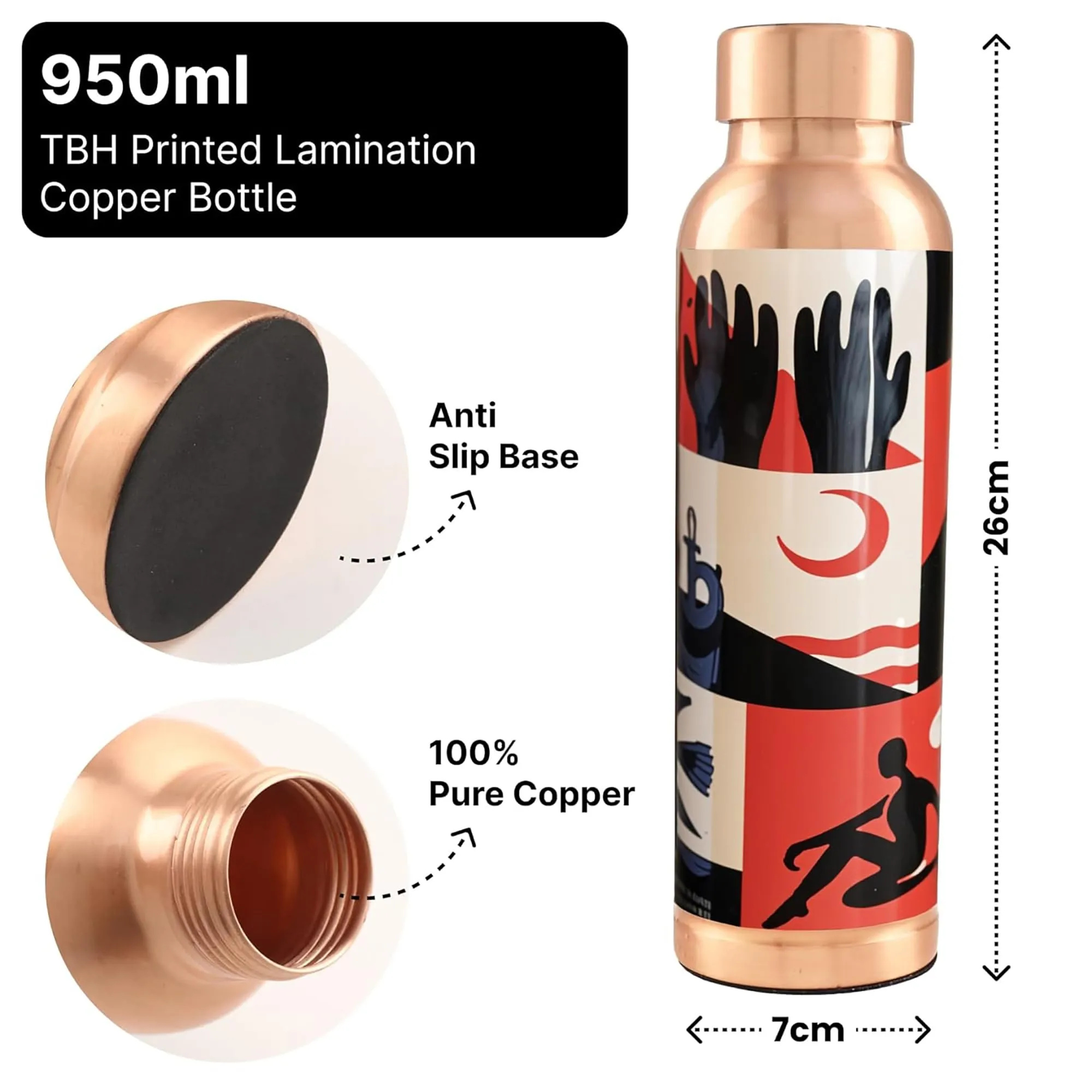 Kuber Industries Pack of 3 Copper Water Bottle - Leakproof & 950ml Non-Toxic Tamaba Bottle for Office/Gym/Yoga/College, Men & Women - Printed