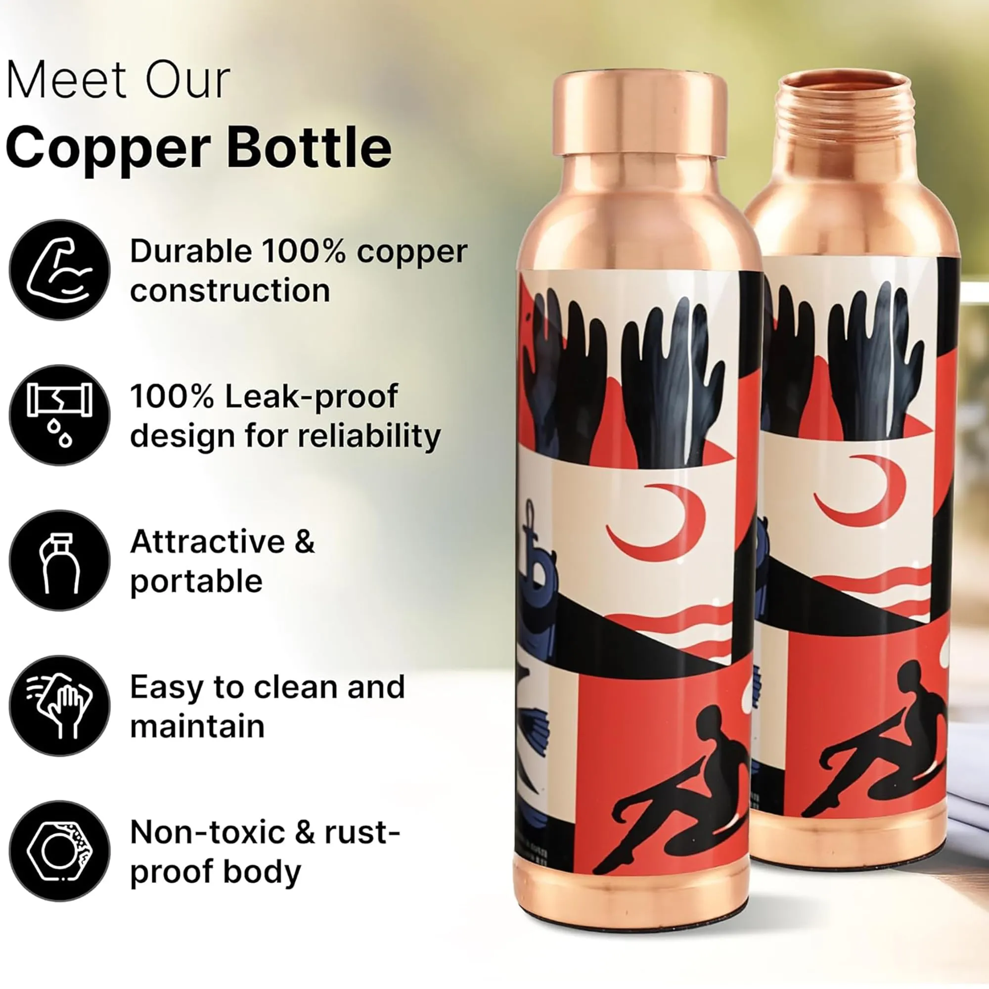 Kuber Industries Pack of 3 Copper Water Bottle - Leakproof & 950ml Non-Toxic Tamaba Bottle for Office/Gym/Yoga/College, Men & Women - Printed