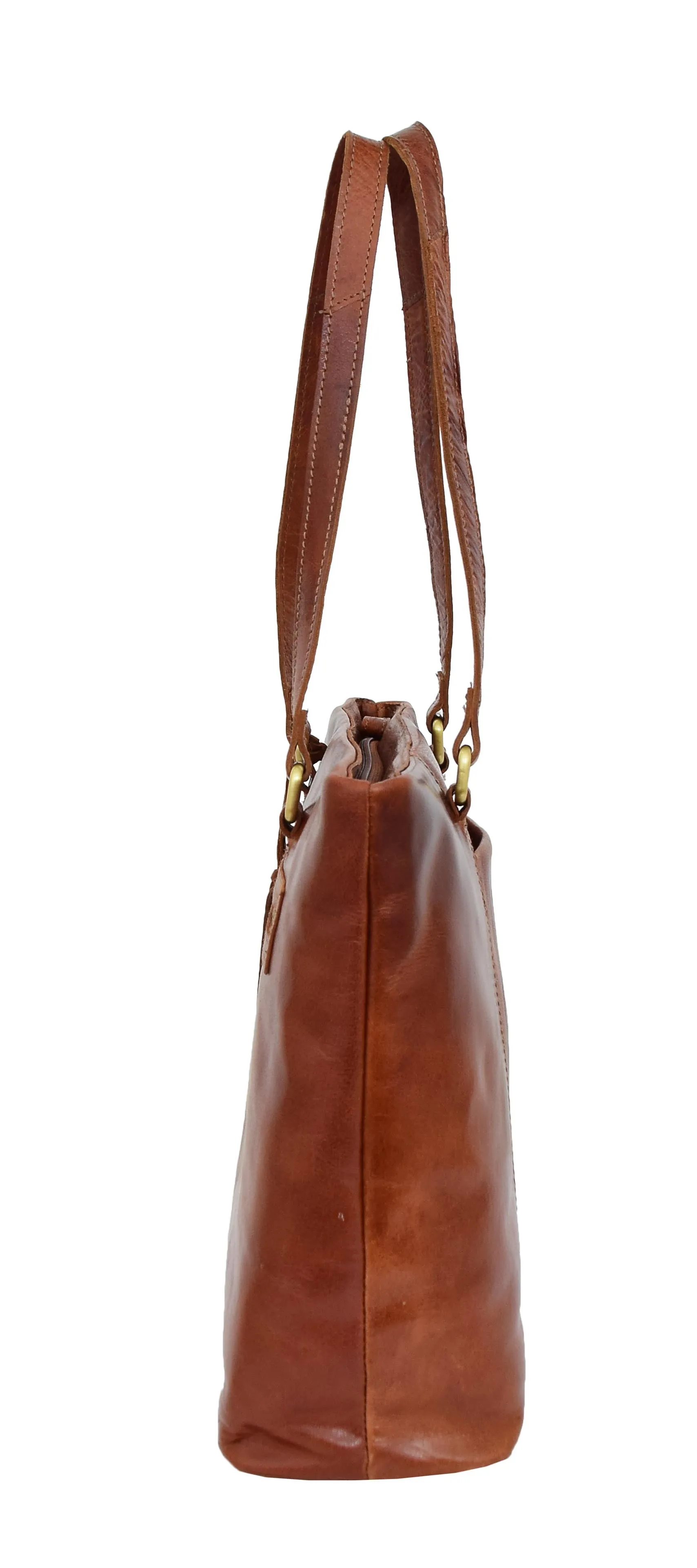 Ladies Real Cognac Leather Shoulder Bag Zip Top Large Size Classic Casual Tote Handbag Hania