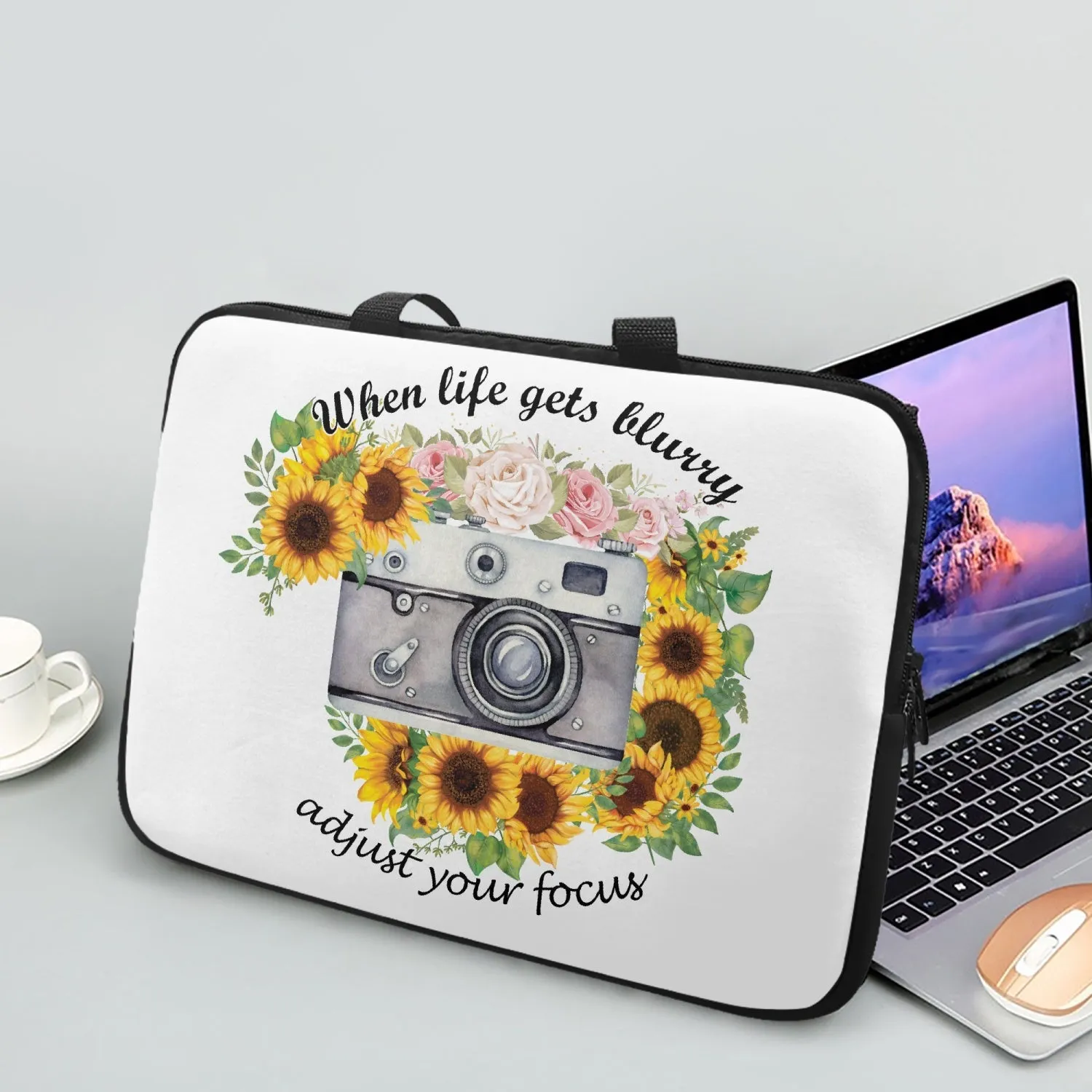 Laptop Sleeve with Handles - Sunflower - Camera - When life gets blurry adjust your focus