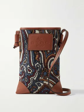 Leather-trimmed embroidered canvas shoulder bag