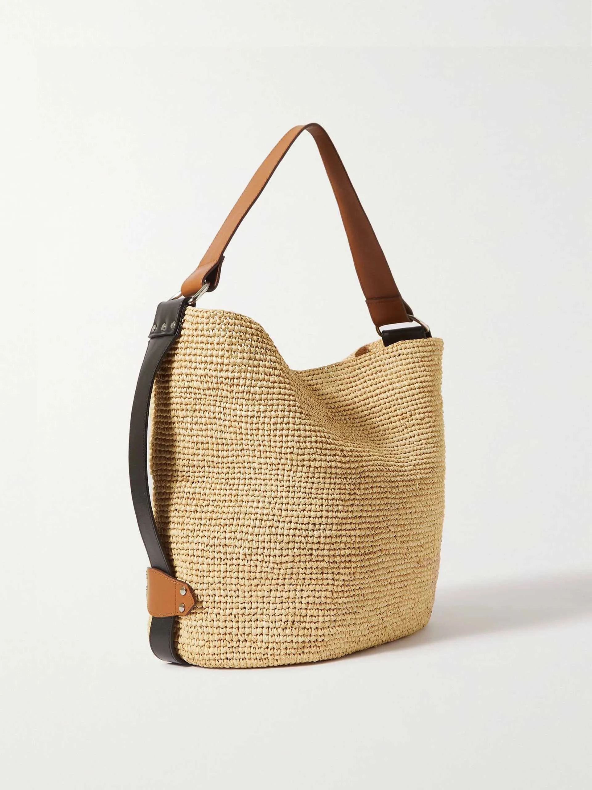 Leather trimmed raffia shoulder bag