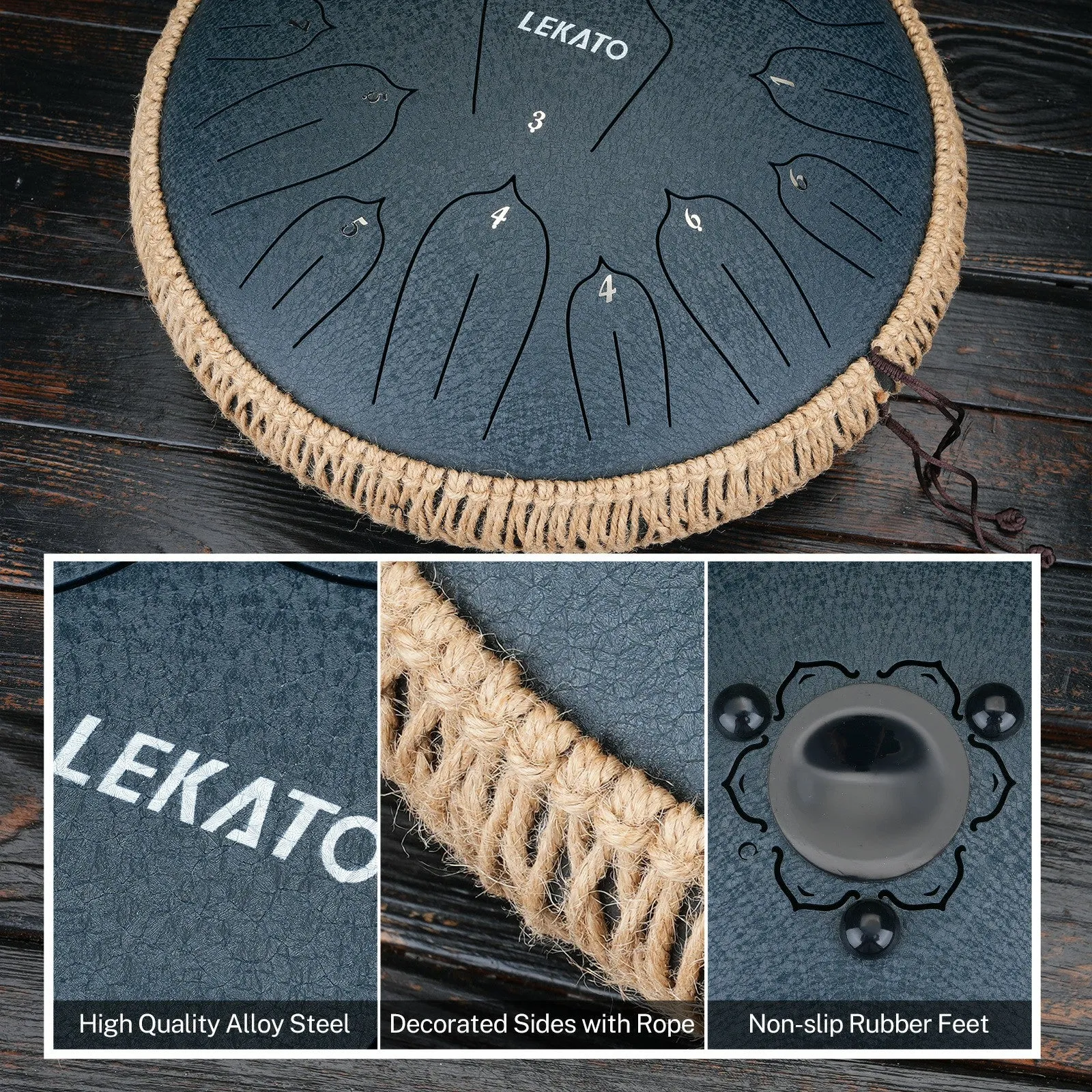 LEKATO 14" Titanium Steel Tongue Drum 15 Notes C Key Beginner/Professional Hanpan Drum