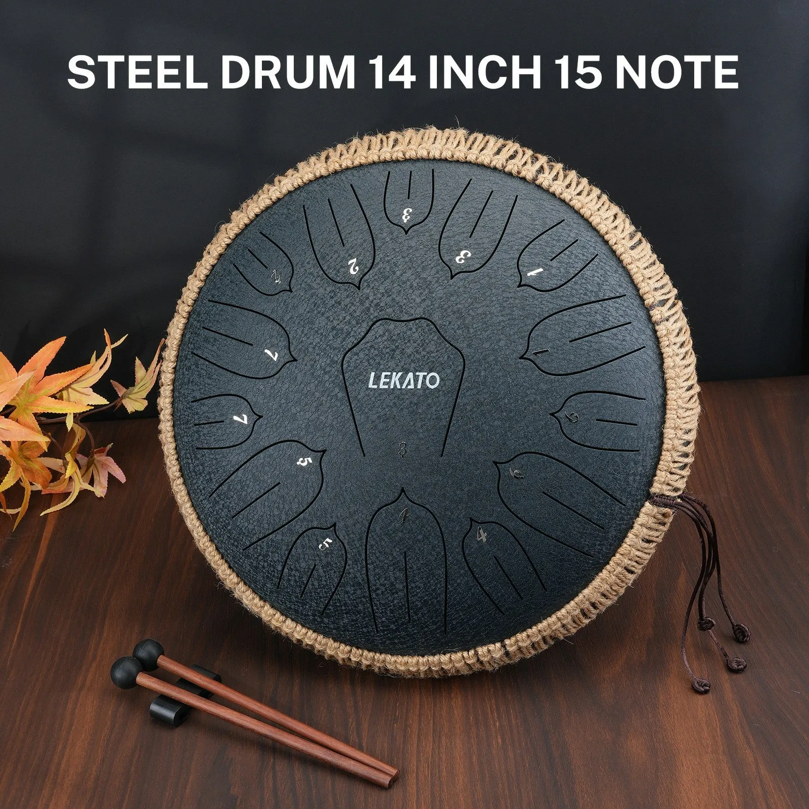 LEKATO 14" Titanium Steel Tongue Drum 15 Notes C Key Beginner/Professional Hanpan Drum