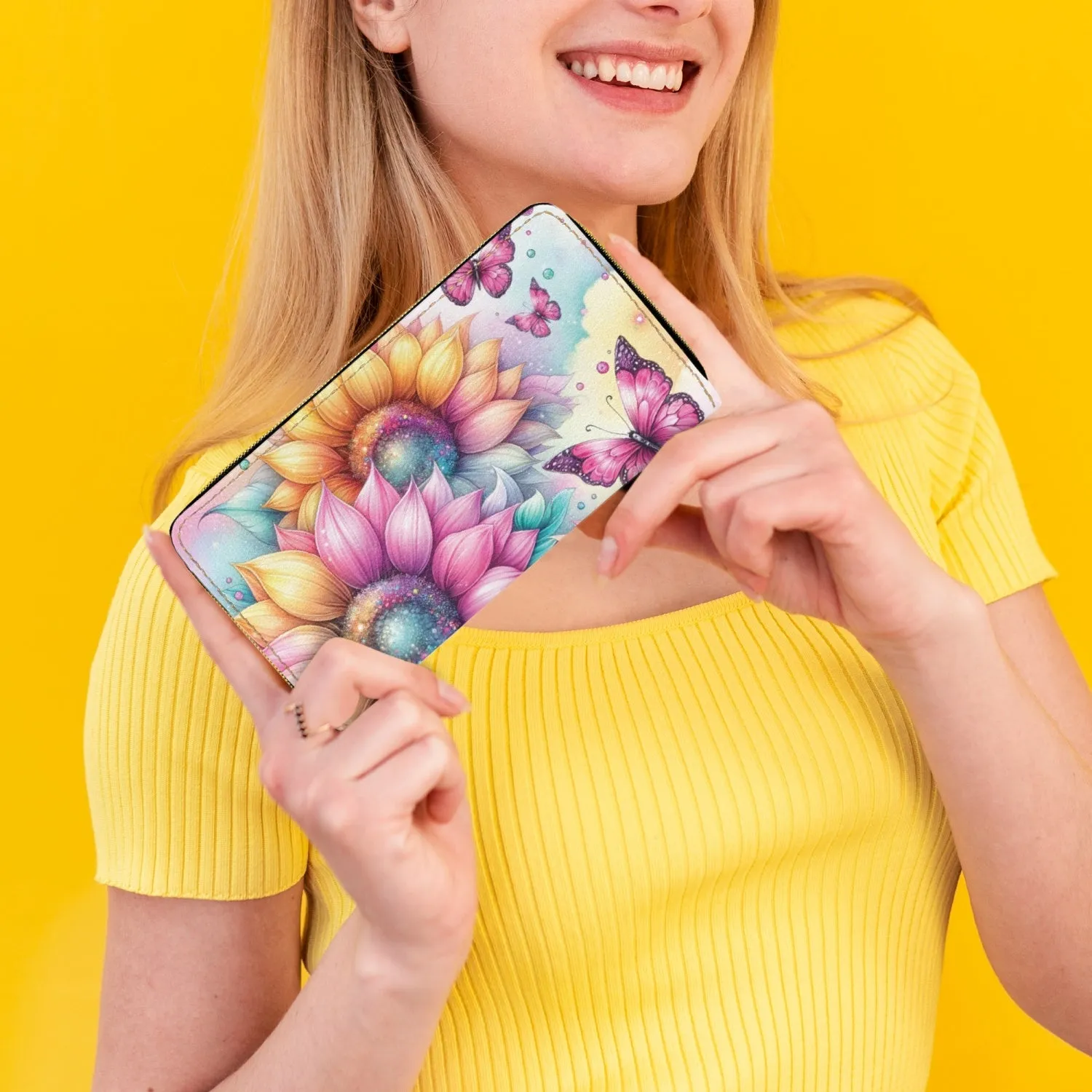 Long Type Zipper Purse, Sunflowers and Butterflys, awd-645