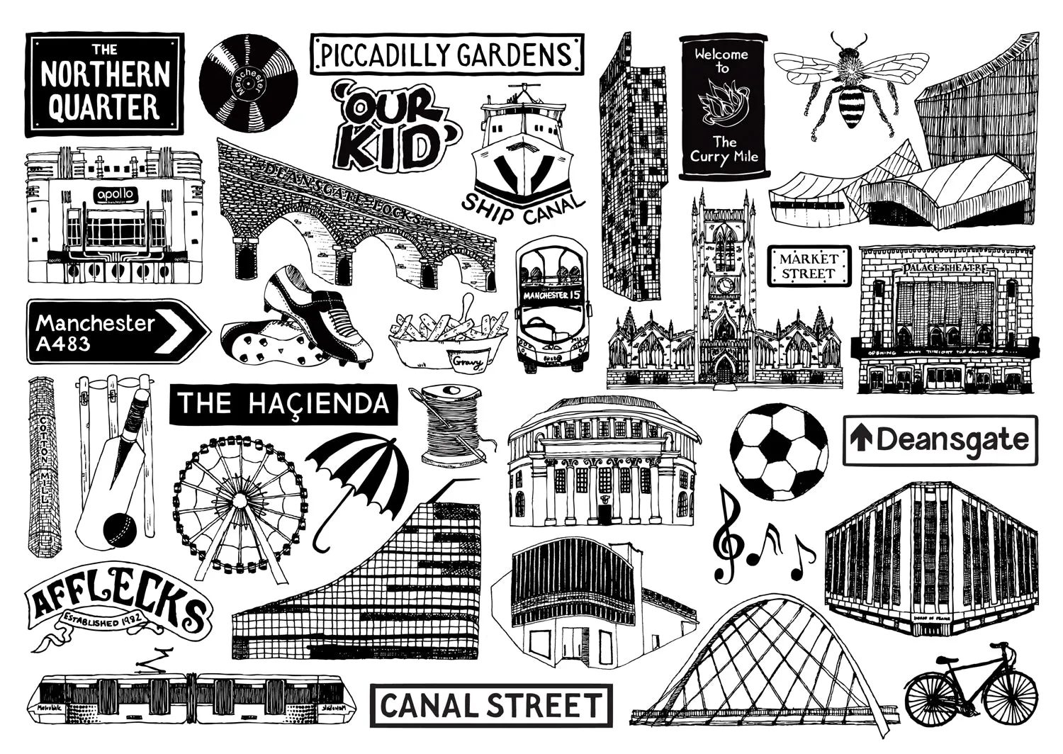 Manchester illustrated black and white blank greeting blank card