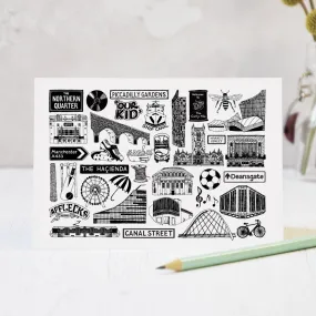 Manchester illustrated black and white blank greeting blank card