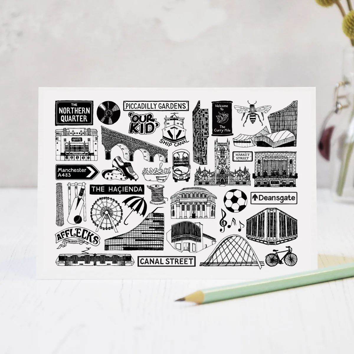 Manchester illustrated black and white blank greeting blank card