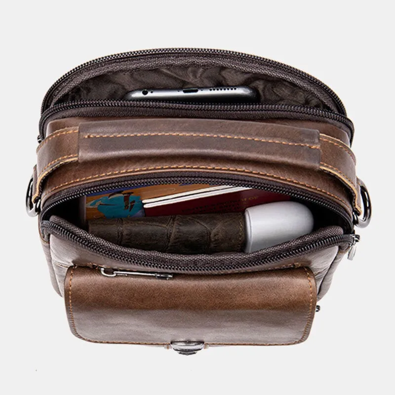 Men Genuine Leather Back Anti-theft Pocket Crossbody Bags Retro Multi-pocket Wear-resistant Messenger Bag Shoulder