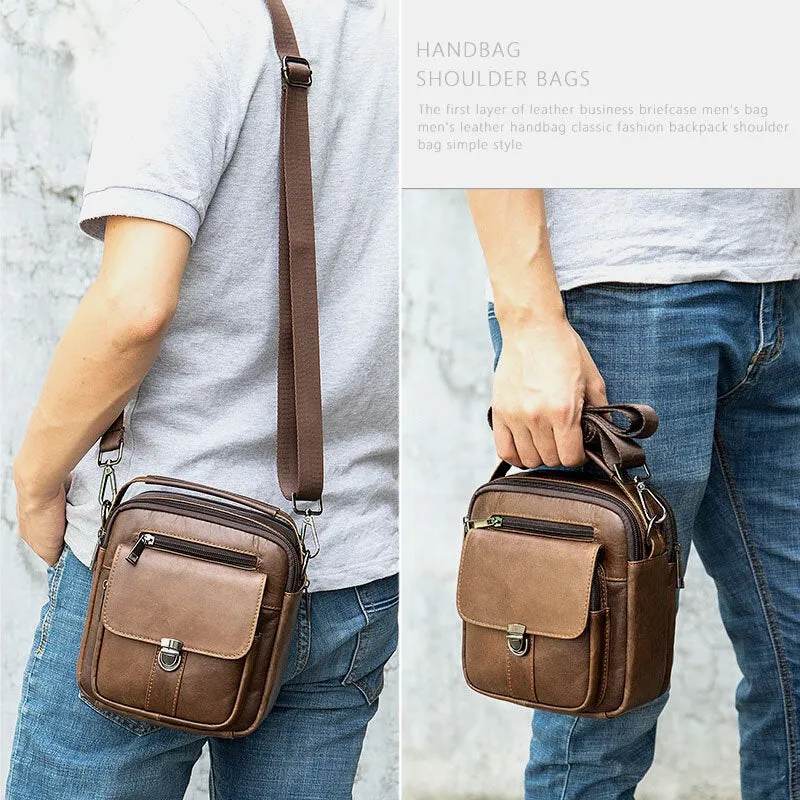 Men Genuine Leather Back Anti-theft Pocket Crossbody Bags Retro Multi-pocket Wear-resistant Messenger Bag Shoulder