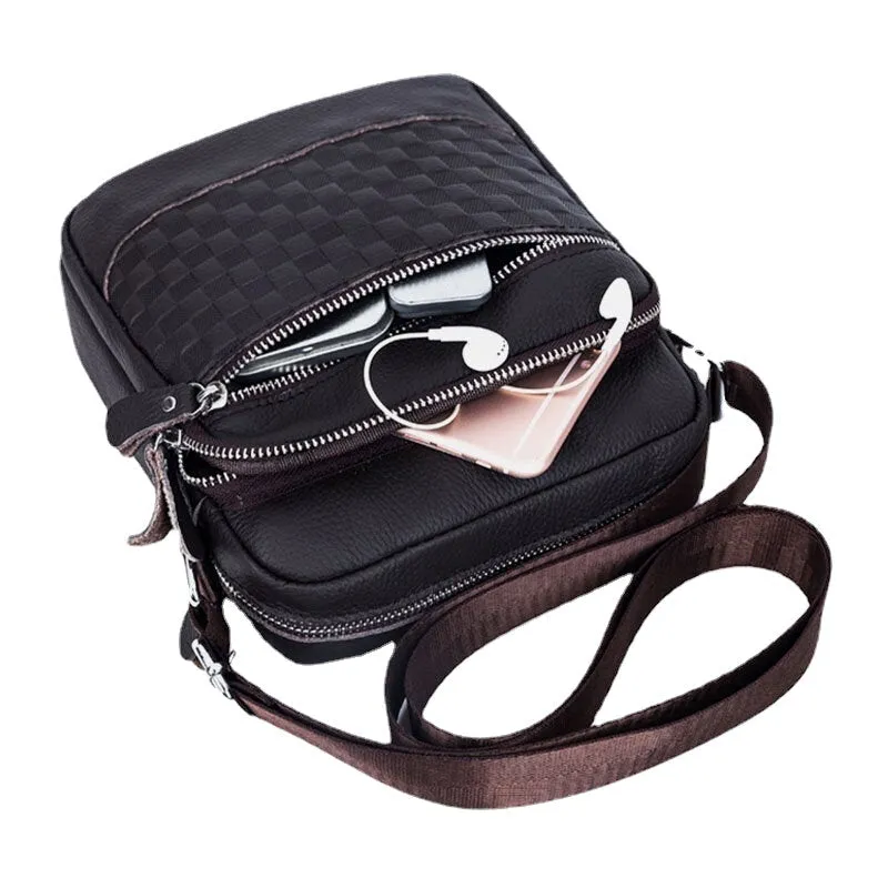 Men Genuine Leather Weave Waterproof Multifunction Multi-Layers Crossbody Bag Shoulder