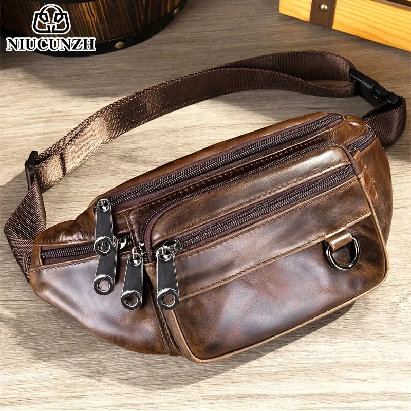 Men's Genuine Leather Multi-Pocket Waist Bag, Multifunctional Sports Shoulder Bag, Casual Top Layer Cowhide Waist Bag