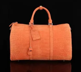 Men's Sanded Crocodile Leather Large Travel Duffle Bag Orange