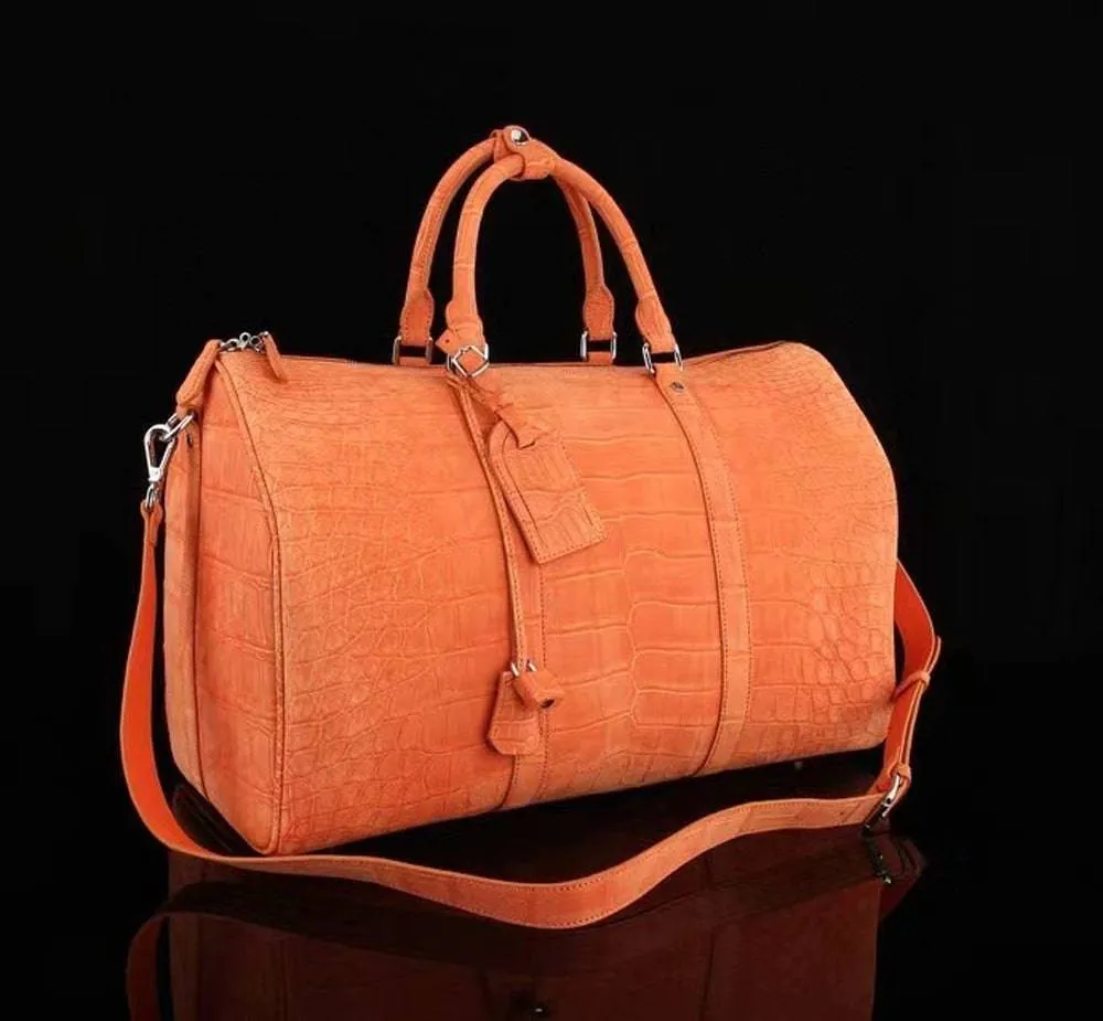 Men's Sanded Crocodile Leather Large Travel Duffle Bag Orange