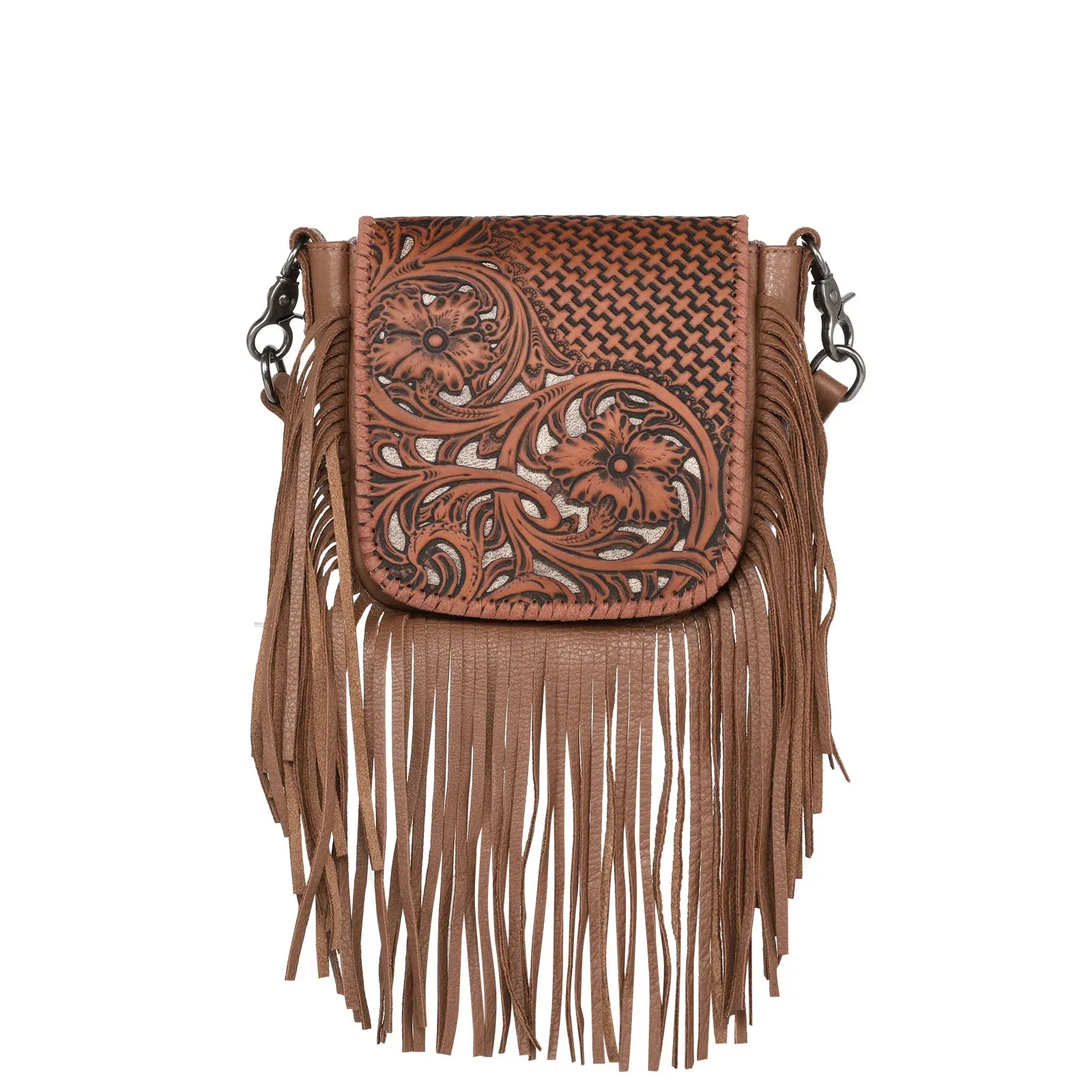 Montana West Genuine Leather Tooled Fringe Crossbody