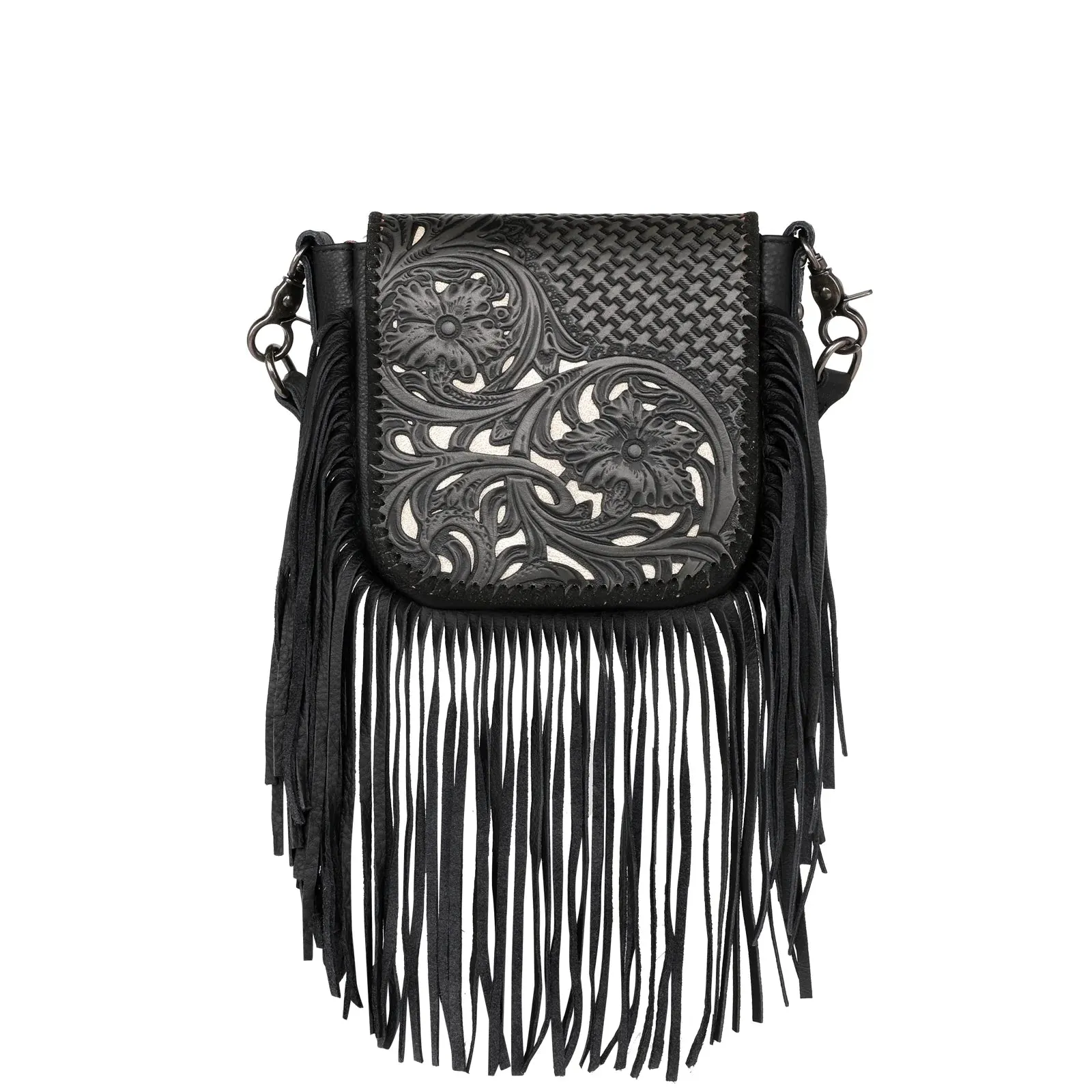 Montana West Genuine Leather Tooled Fringe Crossbody