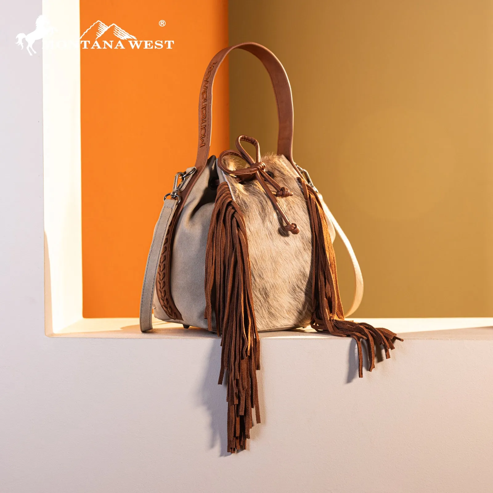 MWF1046-205S Montana West Hair-On Cowhide Drawstring Hobo/Crossbody - Tan