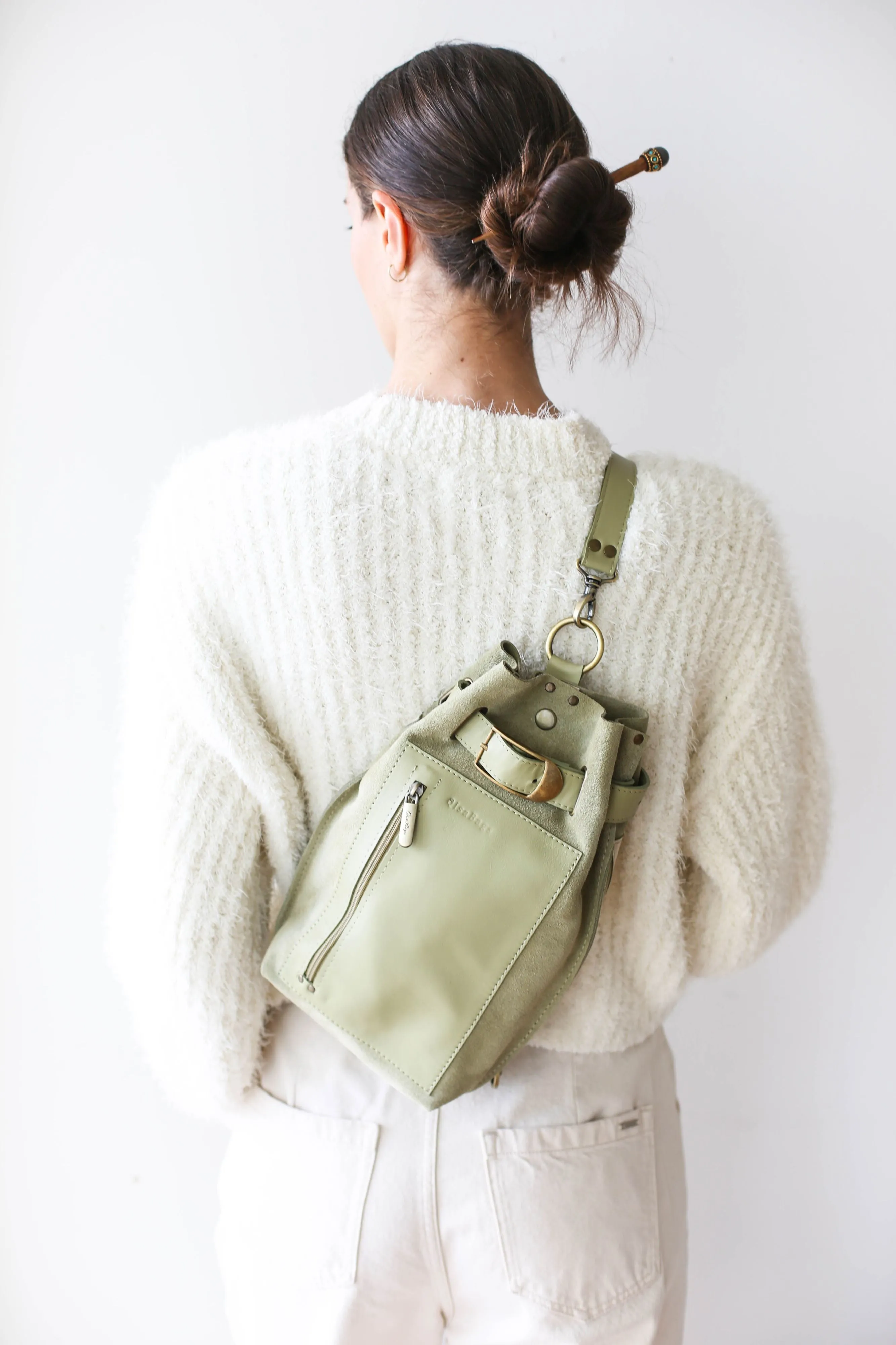 Olive Green Suede Sling Backpack