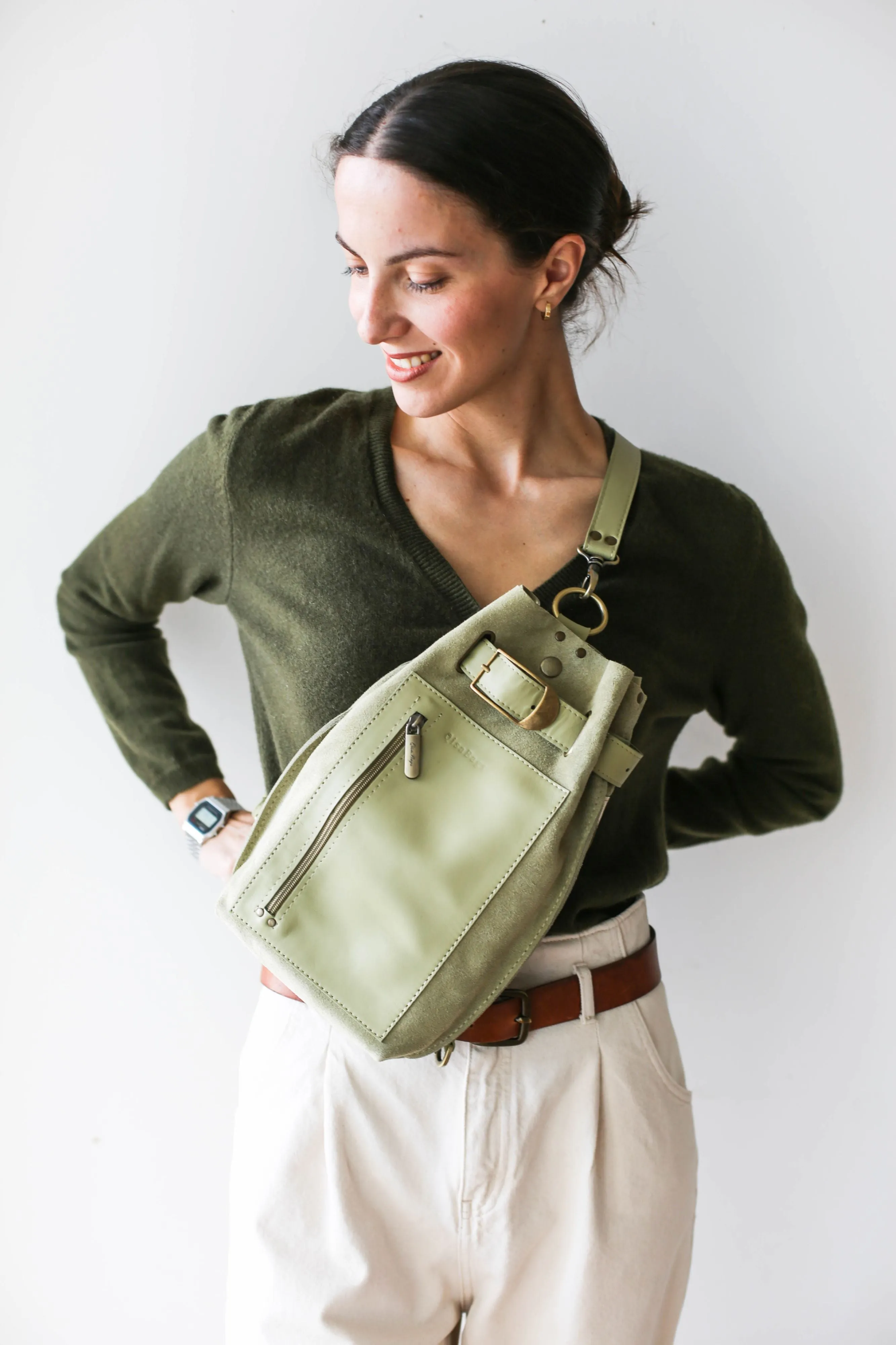 Olive Green Suede Sling Backpack