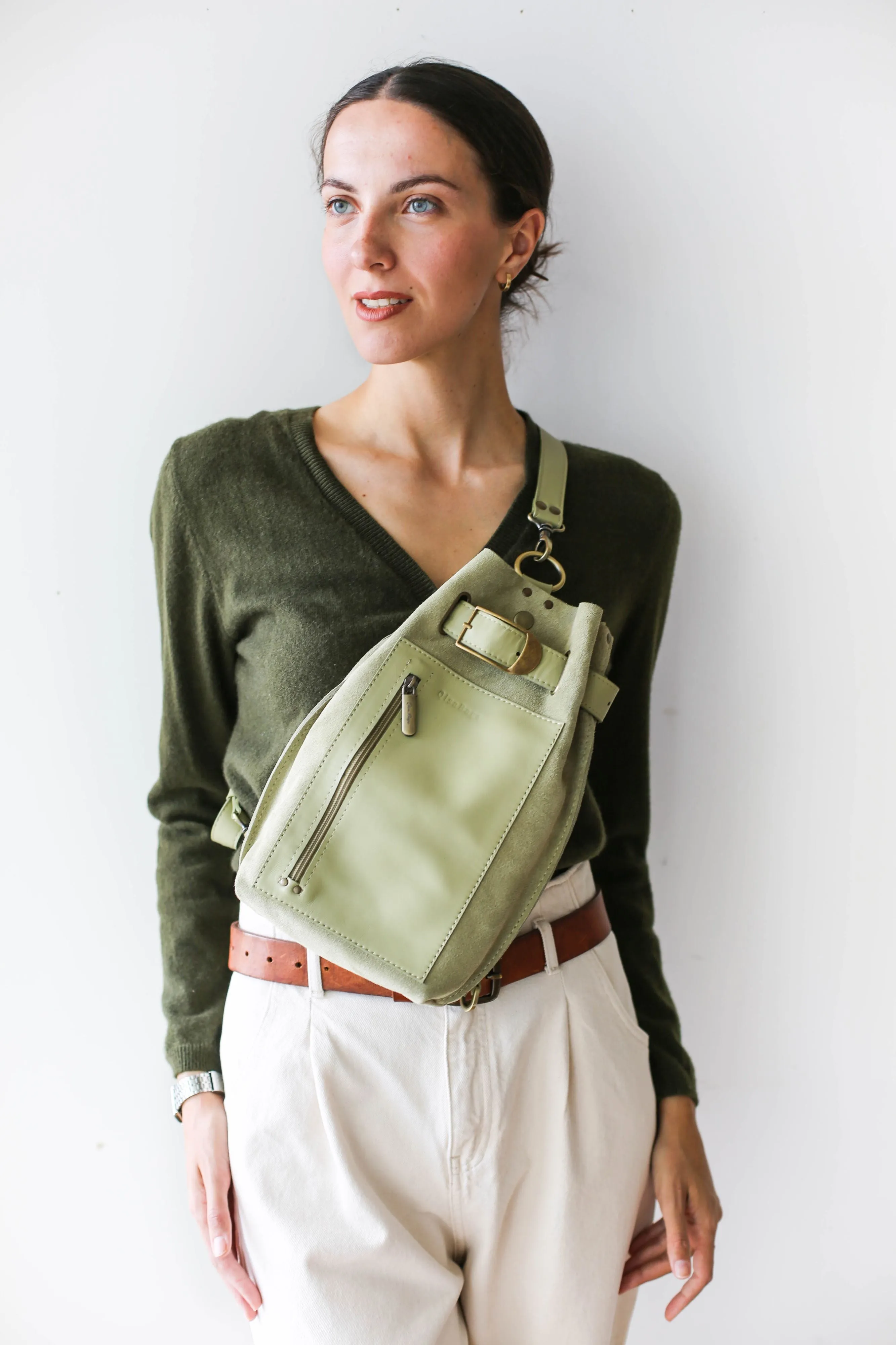 Olive Green Suede Sling Backpack