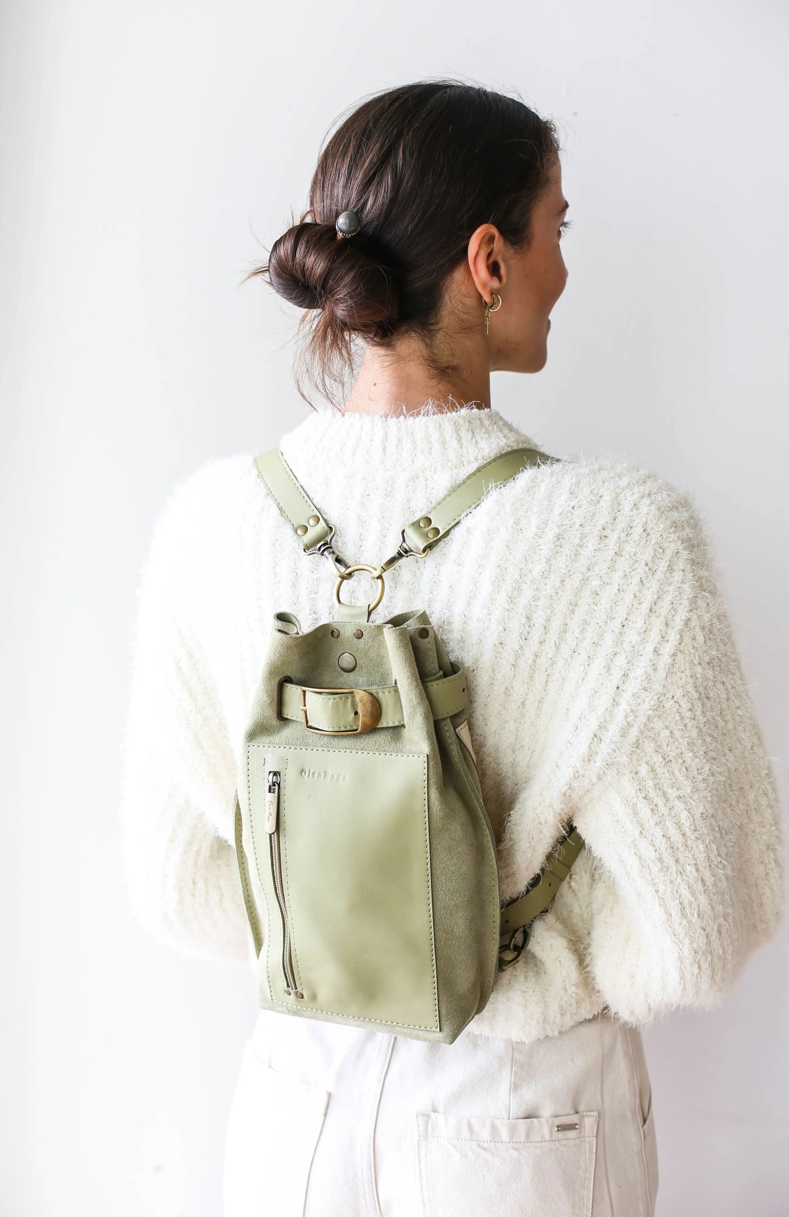 Olive Green Suede Sling Backpack