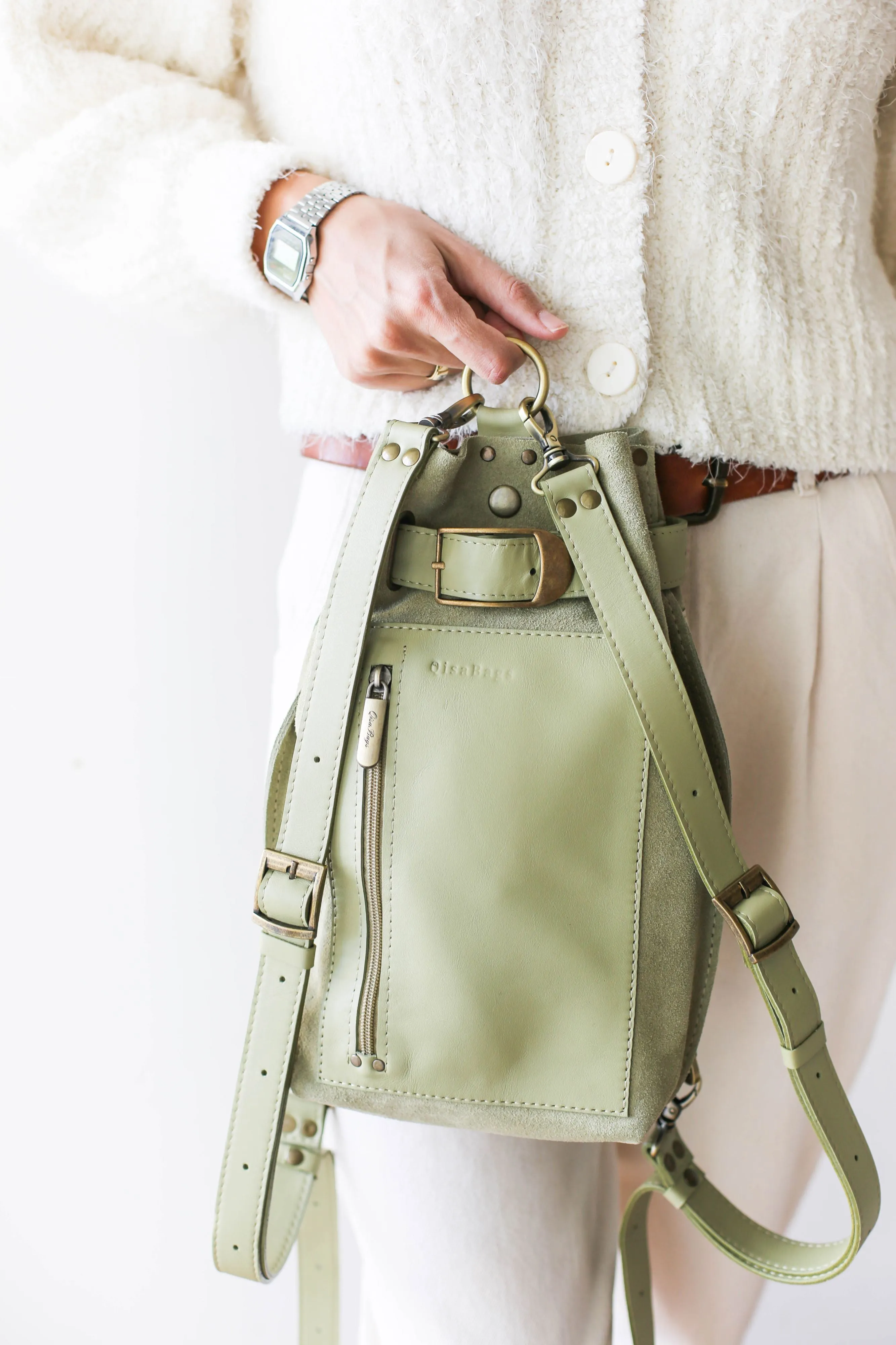 Olive Green Suede Sling Backpack