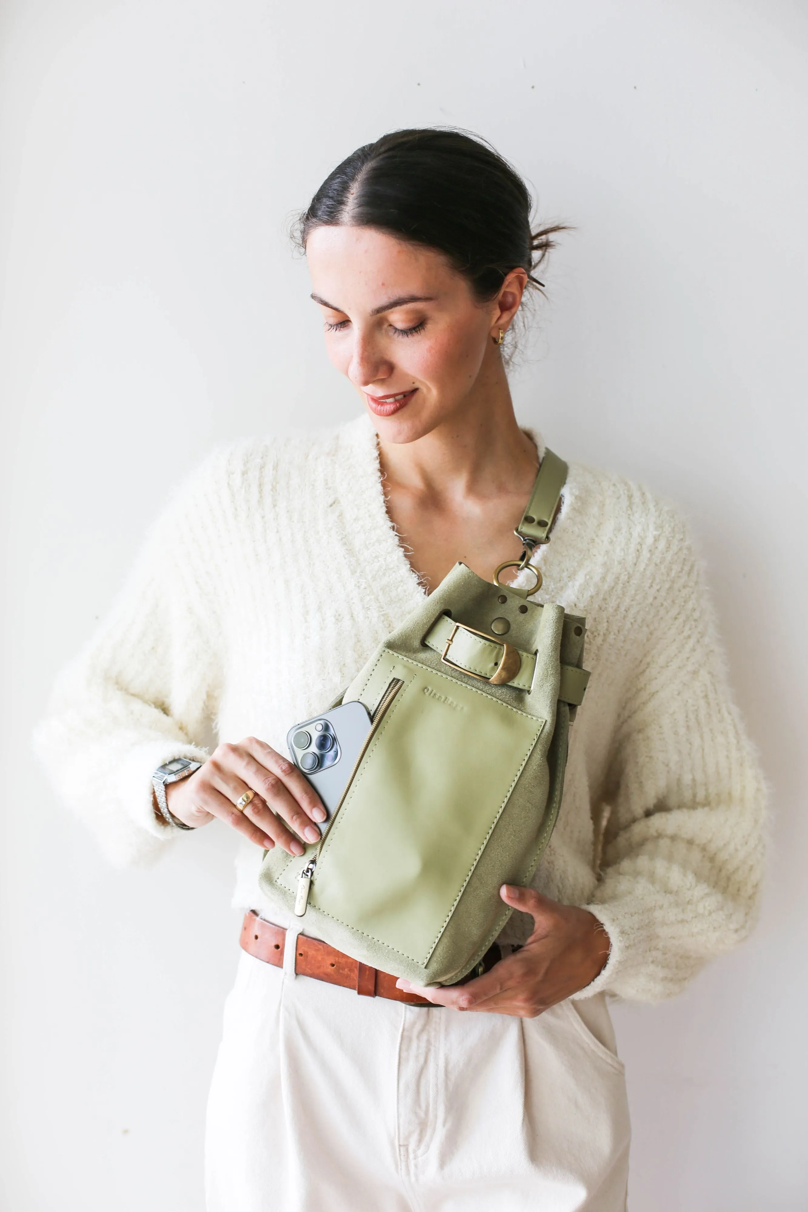 Olive Green Suede Sling Backpack