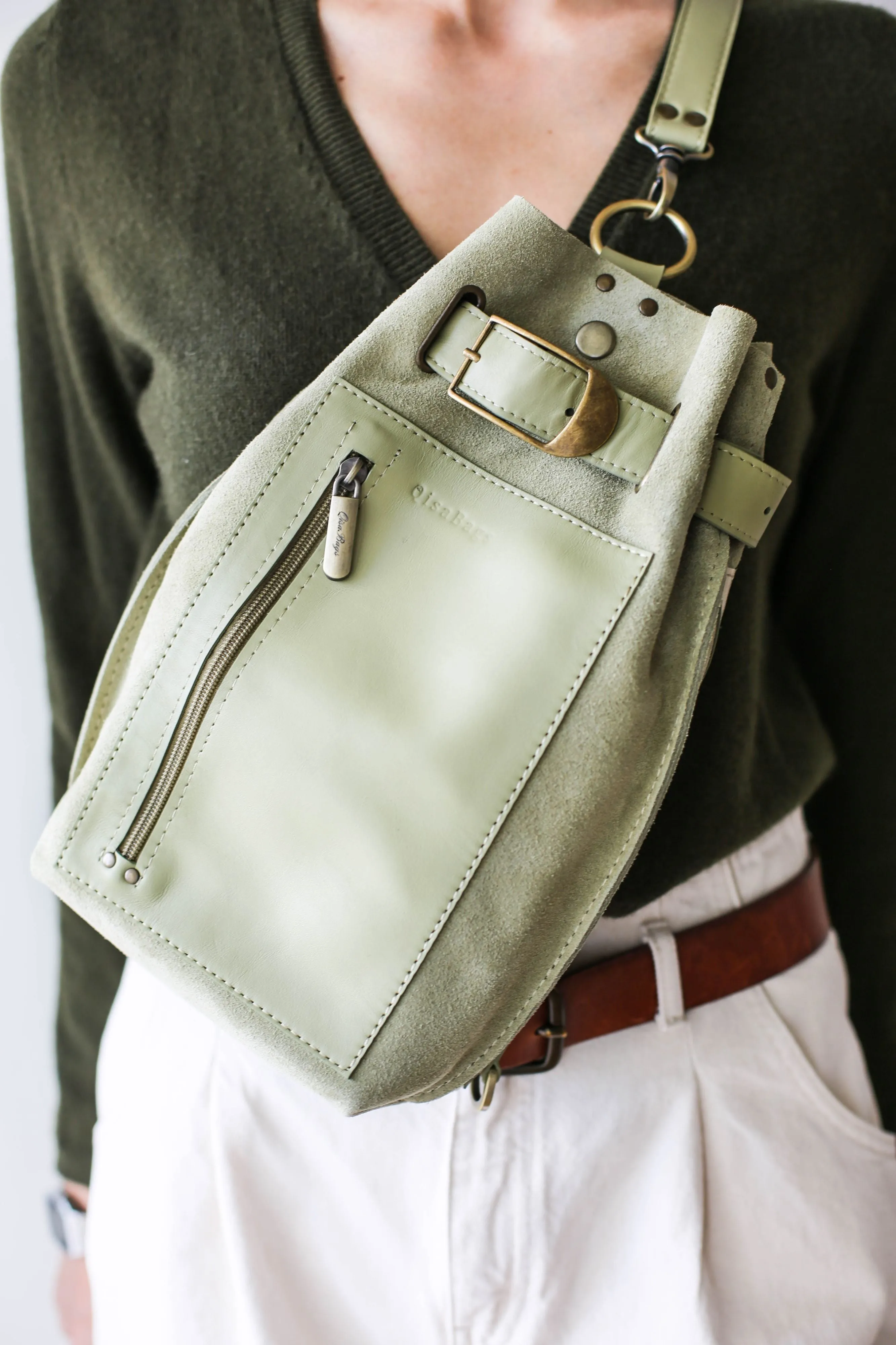 Olive Green Suede Sling Backpack